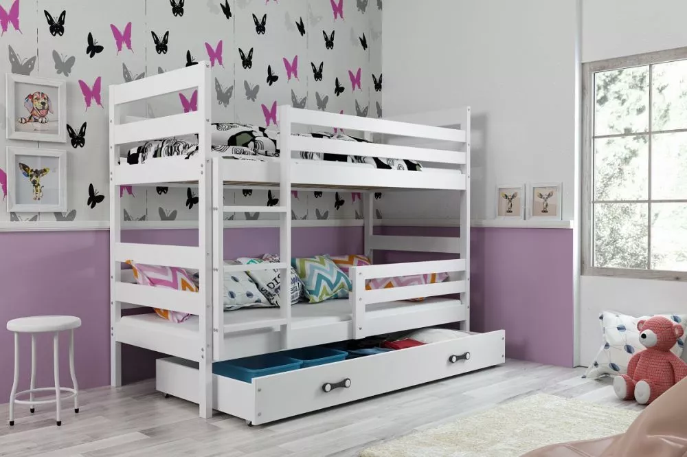Bērnu gulta Eryk Bunk White 90x200 ar stelāžām Guļamvietas platums: 90 cm, Guļamvietas garums: 200 cm, · 97 × 206 × 154 