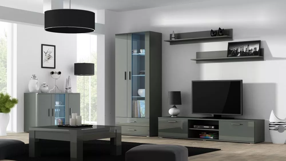 Sekcija Soho 9 ar LED · Pelēks · 380 × 43 × 192 cm