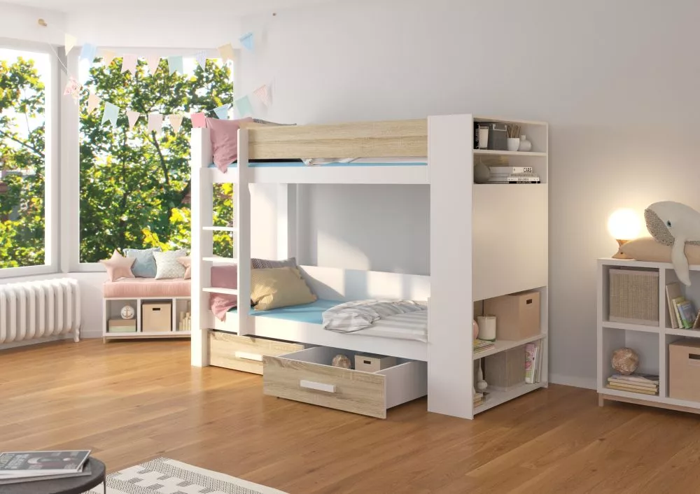 Gulta Garet ar stelāžam Guļamvietas platums: 80 cm, Korpusa krāsa: balts, Guļamvietas garums: 180 cm, stelāžas tips: kok