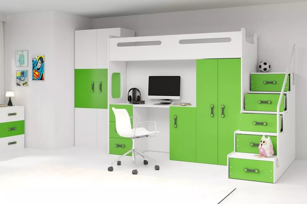 Bērnu gulta Max 4 ar stelāžu Guļamvietas platums: 80 cm, Guļamvietas garums: 200 cm, · 151.5 × 258 × 180 cm