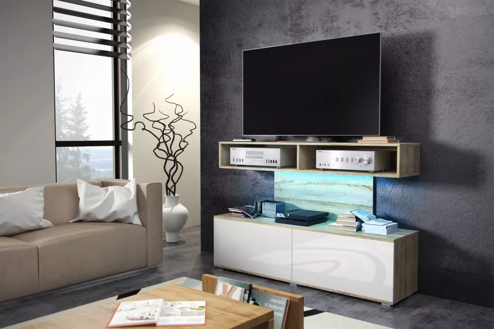 TV tumba Rex · Sonoma + balts spīdums · 140 × 36 × 94 cm