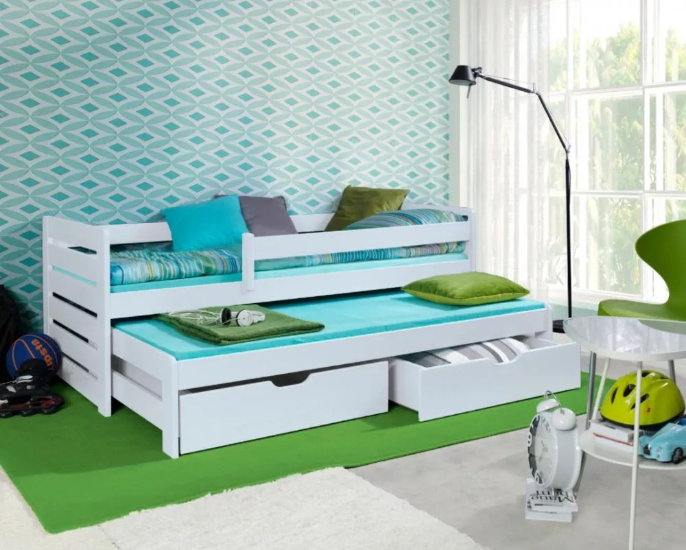 Bērnu gulta Tomasz 2 ar stelāžām Guļamvietas platums: 80 cm, Guļamvietas garums: 180 cm, · Balts · 87 × 185 × 77 cm