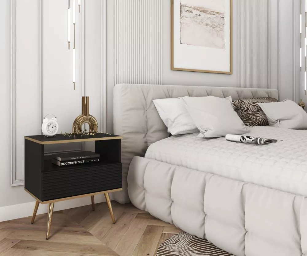 Naktsgaldiņš ORO MDF S54 Korpusa krāsa: melns, Elementu krāsa: zelts, · 54 × 39 × 59 cm