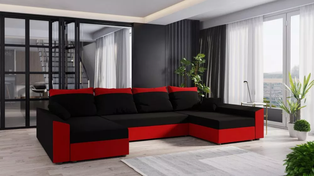 Dīvāns Paul U standard · Melns + sarkans · 139 × 321 × 80 cm