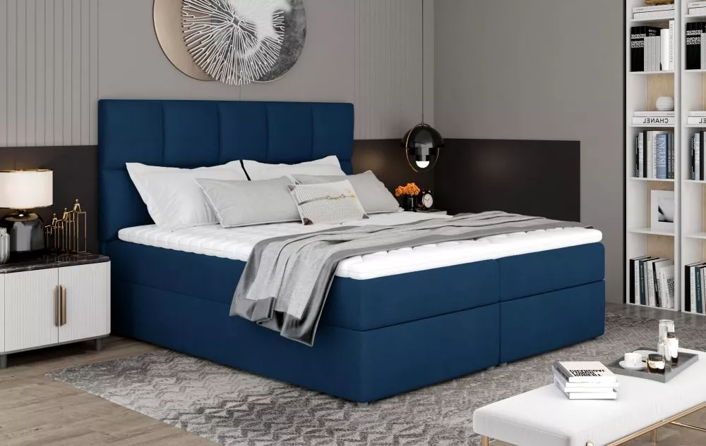 Gulta Glossy Boxspring Lux Standard Guļamvietas platums: 140 cm, Guļamvietas garums: 200 cm, · Zils · 145 × 210 × 124 cm