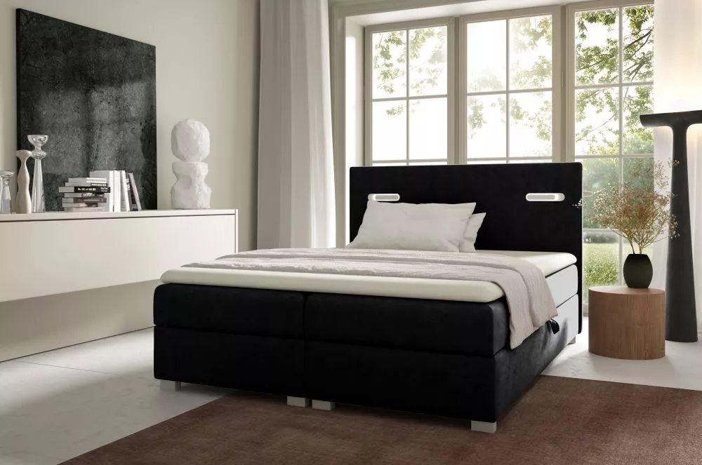 Gulta Lara Boxspring Standard ar LED Guļamvietas platums: 160 cm, Guļamvietas garums: 200 cm, · Melns · 164 × 208 × 103 