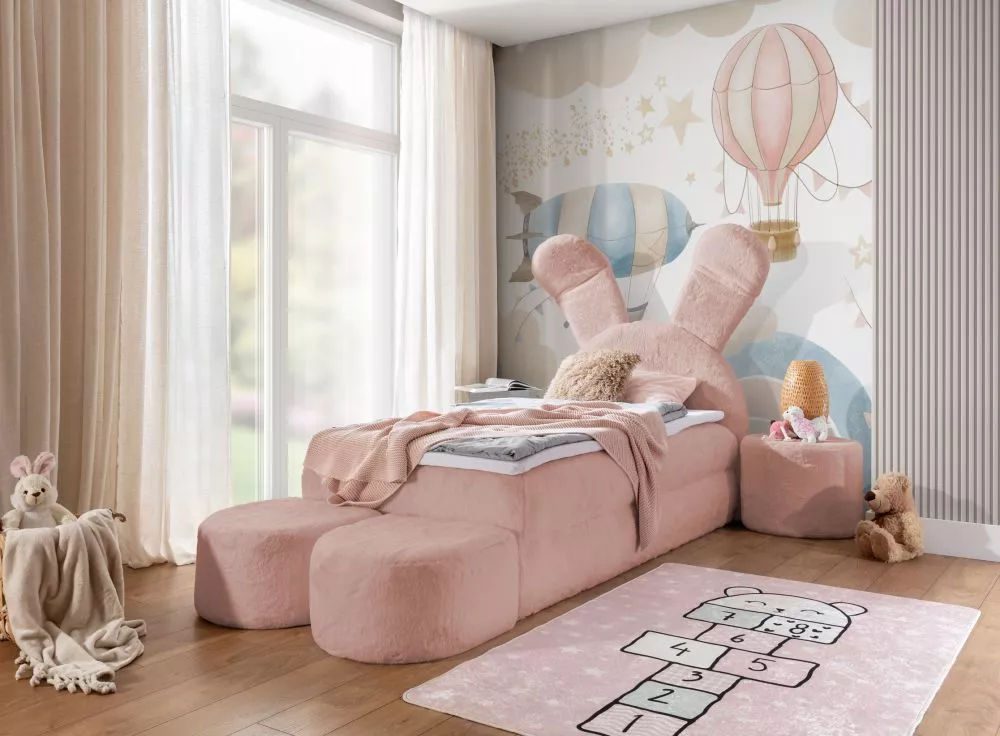 Gulta Bunny Boxspring Standard Guļamvietas platums: 120 cm, Guļamvietas garums: 200 cm, · Rozā · 160 × 216 × 156 cm