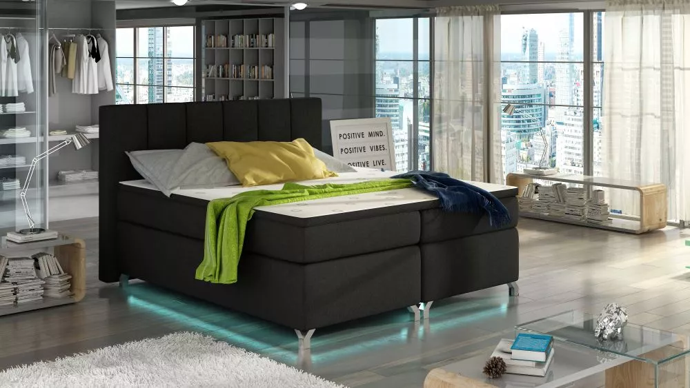 Gulta Basilio Boxspring ar LED standard Guļamvietas platums: 180 cm, Guļamvietas garums: 200 cm, · Melns · 195 × 205 × 1