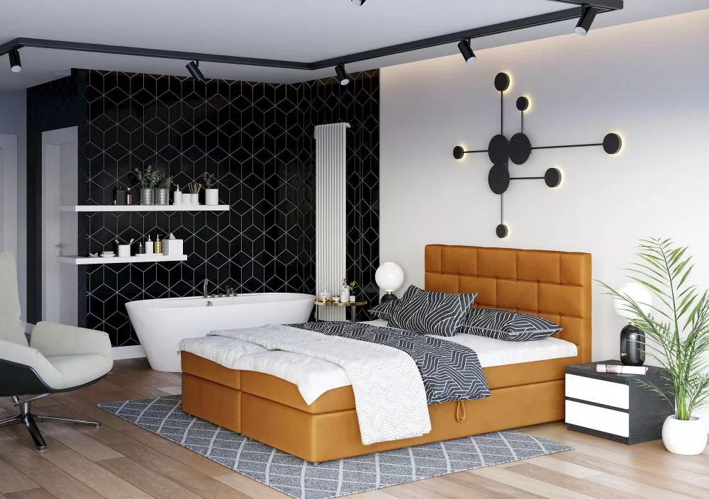 Gulta Wall Boxspring Standard Guļamvietas platums: 160 cm, Guļamvietas garums: 200 cm, · Dzeltens · 165 × 208 × 106 cm