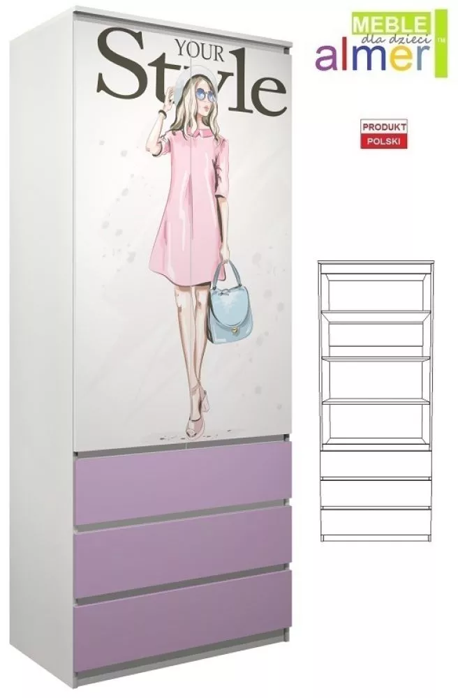Grāmatu skapis Fashion C22 Elementu krāsa: daudzkrāsains, Korpusa krāsa: balts + lillā, · 90 × 55 × 224 cm