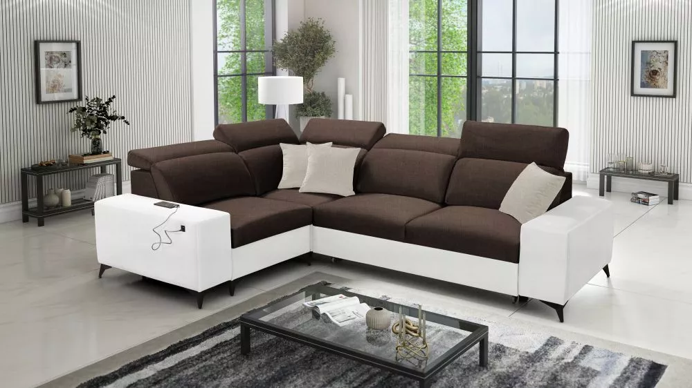 Dīvāns Bartone 2 Mix Premium Standard · Tumši brūns + balts · 203 × 283 × 83 cm