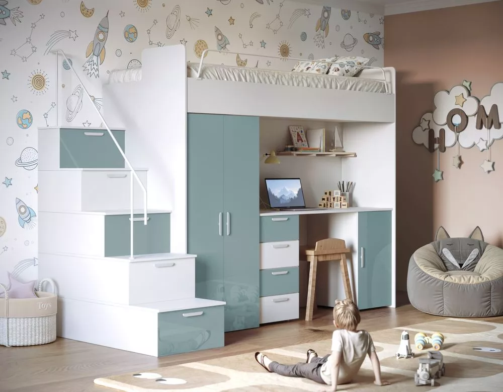 Bērnu gulta Raj 4 Gloss ar stelāžu Guļamvietas platums: 80 cm, Guļamvietas garums: 200 cm, · 120 × 254 × 180 cm