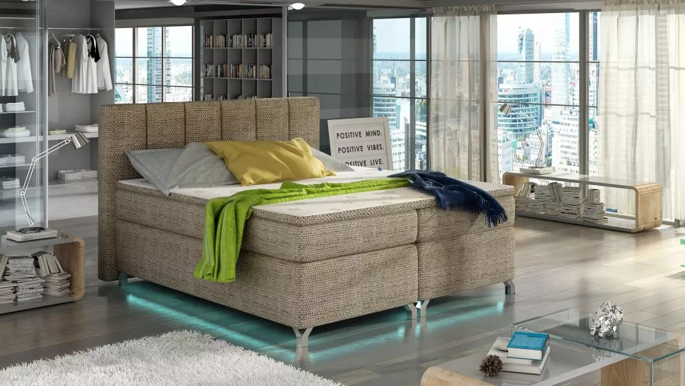 Gulta Basilio Boxspring ar LED standard Guļamvietas platums: 160 cm, Guļamvietas garums: 200 cm, · Bēšs · 175 × 205 × 13