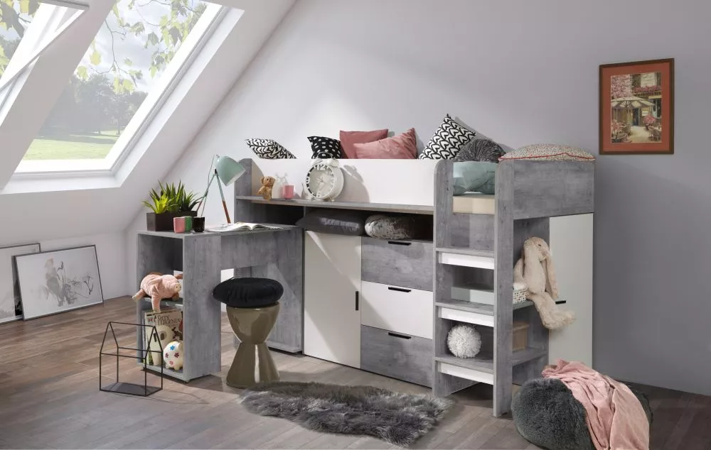 Bērnu gulta Konkret 1 ar stelāžu Kāpņu puse: Pa labi, Guļamvietas platums: 90 cm, Guļamvietas garums: 200 cm, · 106.6 × 
