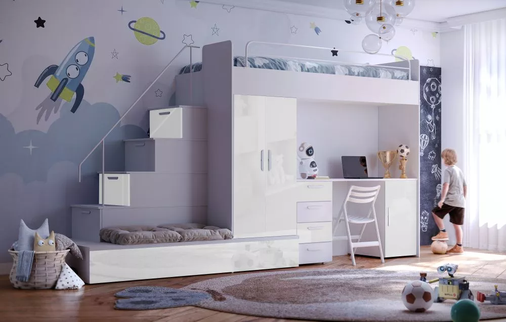 Bērnu gulta Raj 5 W gloss ar stelāžu Guļamvietas platums: 80 cm, Guļamvietas garums: 200 cm, · 85 × 324 × 180 cm