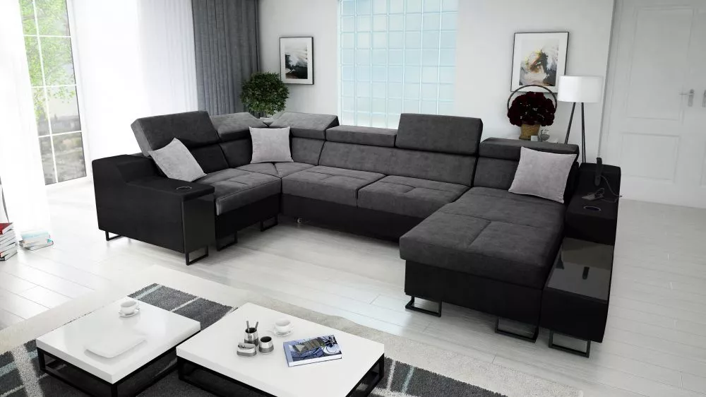 Dīvāns Alicante 4 Maxi Whisper Eco Standard · Tumši pelēks + melns · 211 × 361 × 81 cm