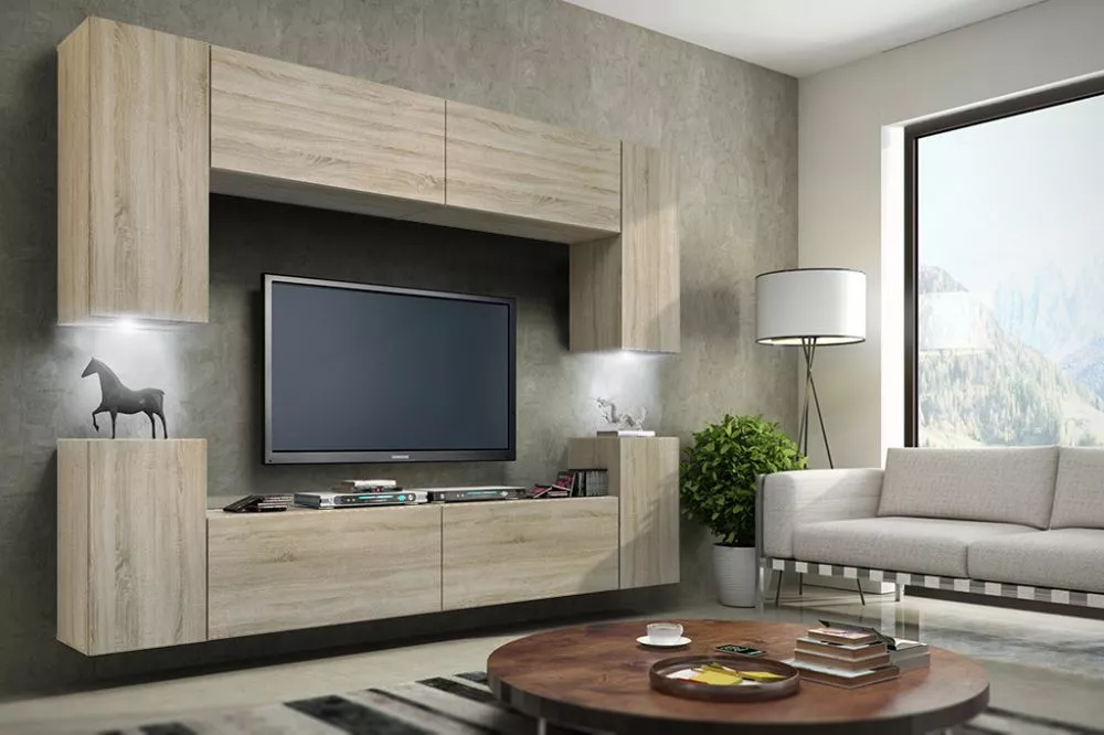 Sekcija Concept 1 ar LED · Ozols sonoma · 256 × 35 × 170 cm