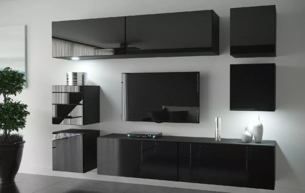 Sekcija Next 65 gloss ar LED · Melns · 218 × 35 × 177 cm