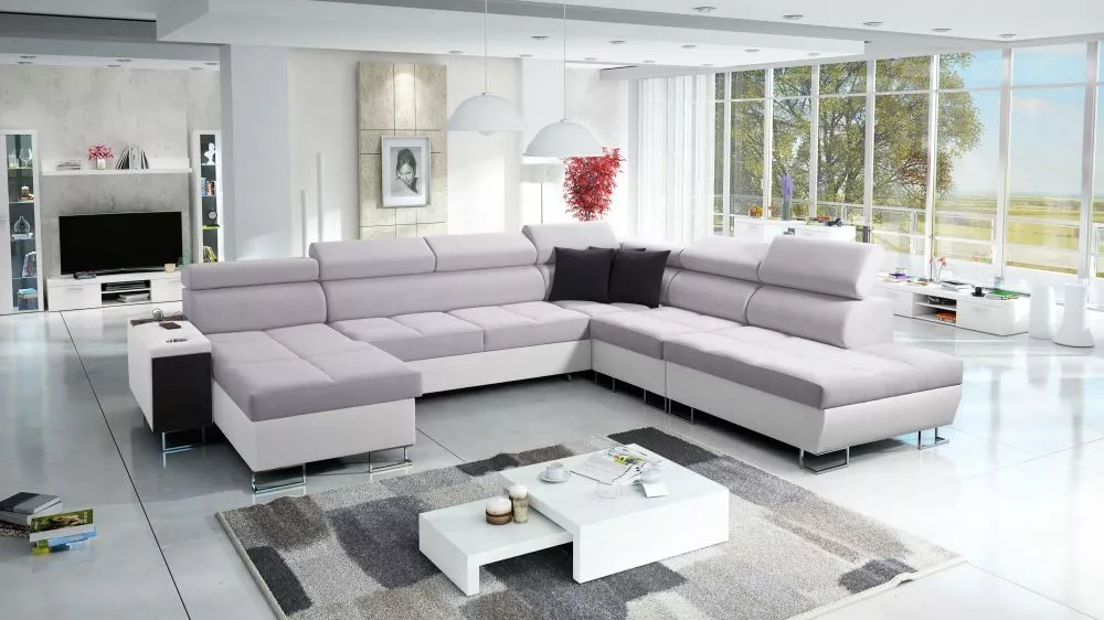 Dīvāns Morena 10 Premium Standard · Gaiši pelēks + balts · 298 × 360 × 84 cm
