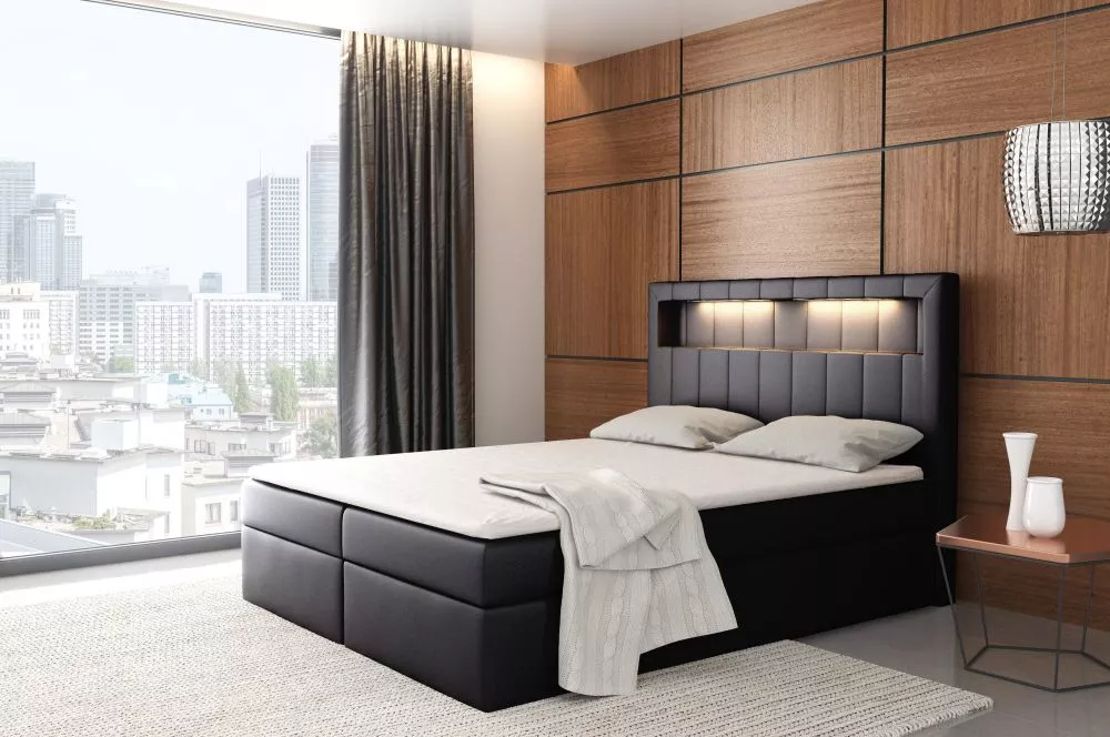 Gulta Aspen Boxspring Standard ar LED Guļamvietas platums: 160 cm, Guļamvietas garums: 200 cm, · Melns · 162 × 217 × 123