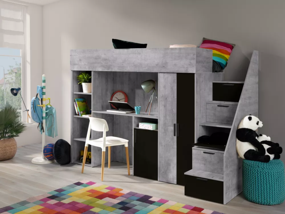 Bērnu gulta Konkret 14 ar stelāžu Guļamvietas platums: 90 cm, Guļamvietas garums: 200 cm, · 120 × 247 × 165 cm