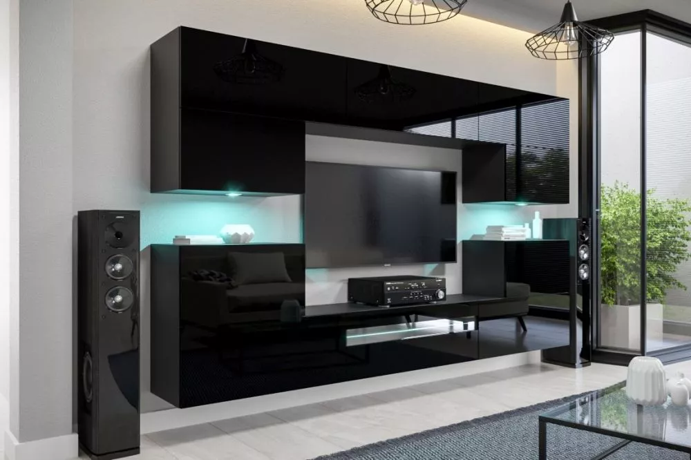 Sekcija Next 37 gloss ar LED · Melns · 257 × 35 × 173 cm
