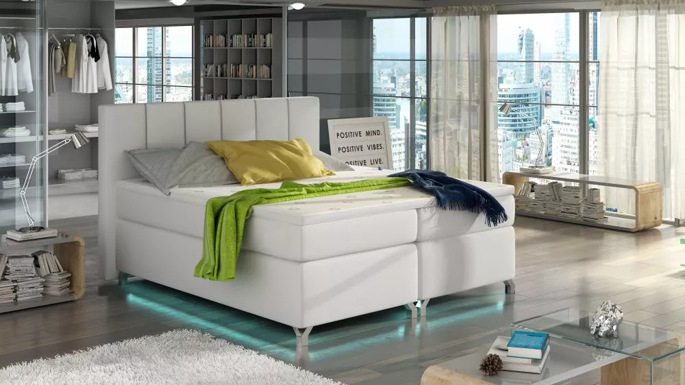 Gulta Basilio Boxspring Classic ar LED standard Guļamvietas platums: 140 cm, Guļamvietas garums: 200 cm, · Balts · 155 ×