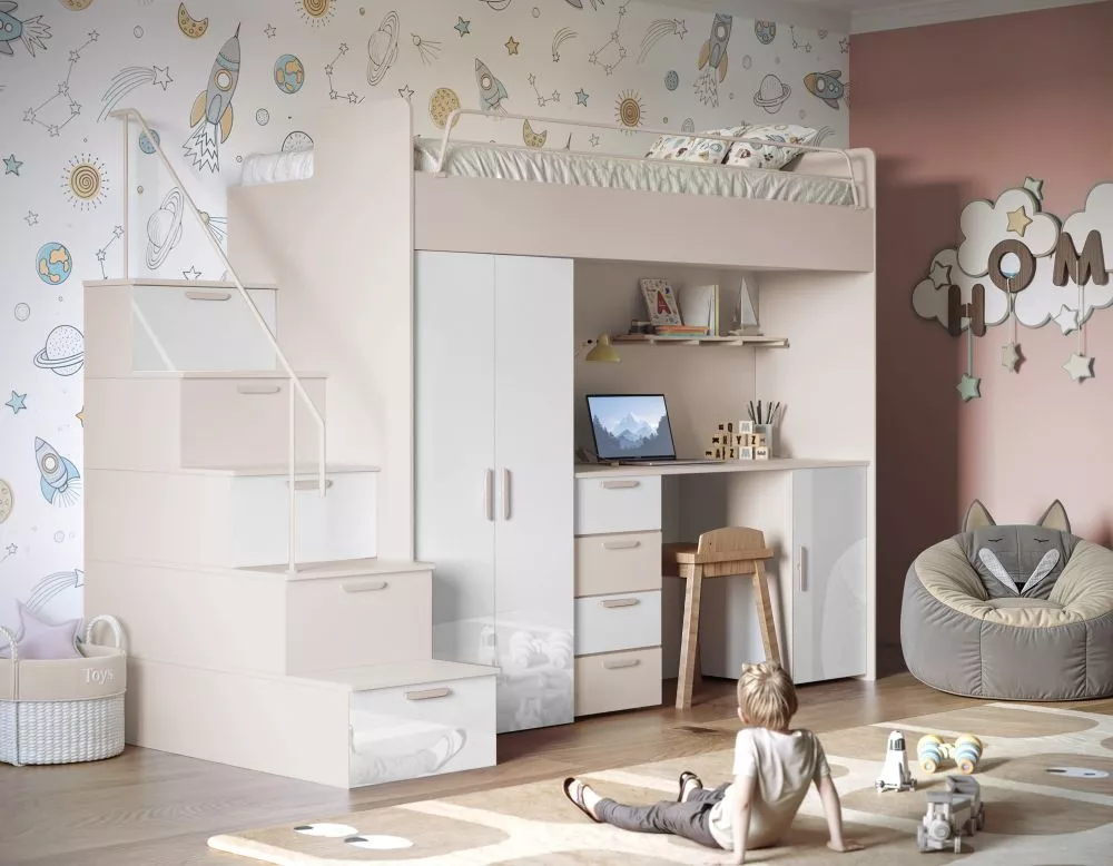 Bērnu gulta Raj 4 Gloss ar stelāžu Guļamvietas platums: 80 cm, Guļamvietas garums: 200 cm, · 120 × 254 × 180 cm
