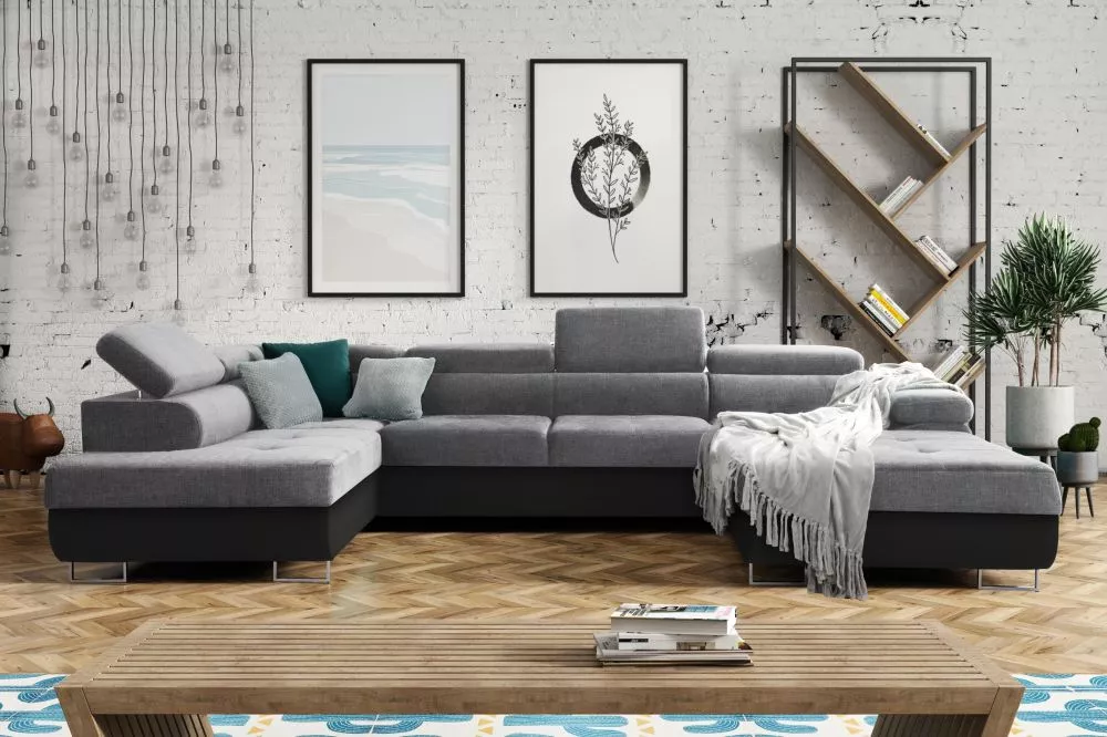 Dīvāns Annabelle U 2 Eco Standard · Tumši pelēks + melns · 201 × 343 × 76 cm