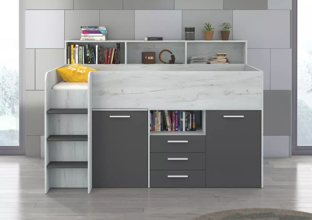 Divstāvu gulta Neo L ar stelāžu Guļamvietas platums: 80 cm, Guļamvietas garums: 200 cm, · 120 × 206 × 138 cm