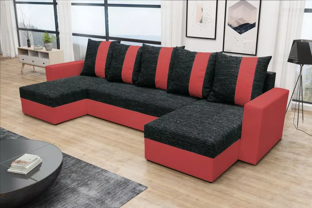 Dīvāns Praga U Standard · Melns + sarkans · 144 × 278 × 69 cm