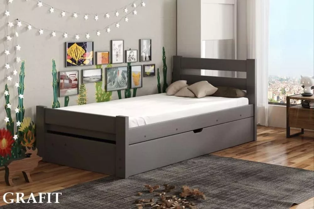 Bērnu gulta Nela ar stelāžu Guļamvietas platums: 90 cm, Guļamvietas garums: 200 cm, · Grafīts · 97 × 208 × 67 cm