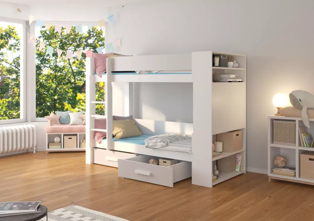 Gulta Garet ar stelāžam Guļamvietas platums: 80 cm, Korpusa krāsa: balts, Guļamvietas garums: 180 cm, stelāžas tips: kok