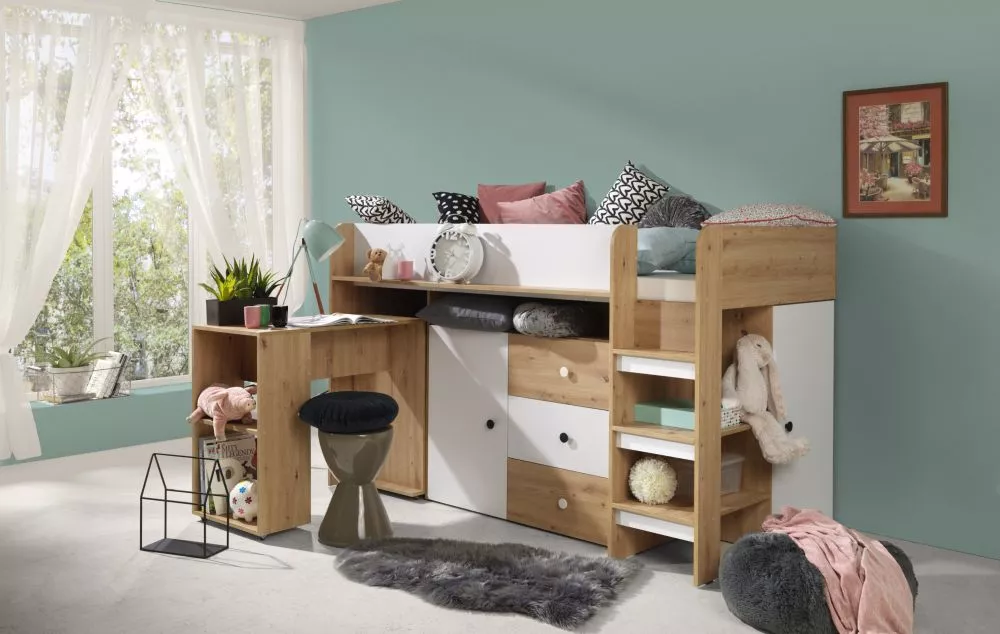 Bērnu gulta Smart 1 ar stelāžu Guļamvietas platums: 90 cm, Guļamvietas garums: 200 cm, · 106.6 × 204.4 × 125 cm