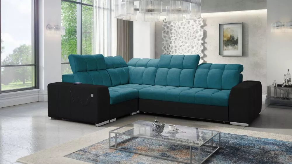 Dīvāns Pagano 2 Premium Standard · Tirkīzs + melns · 209 × 285 × 83 cm
