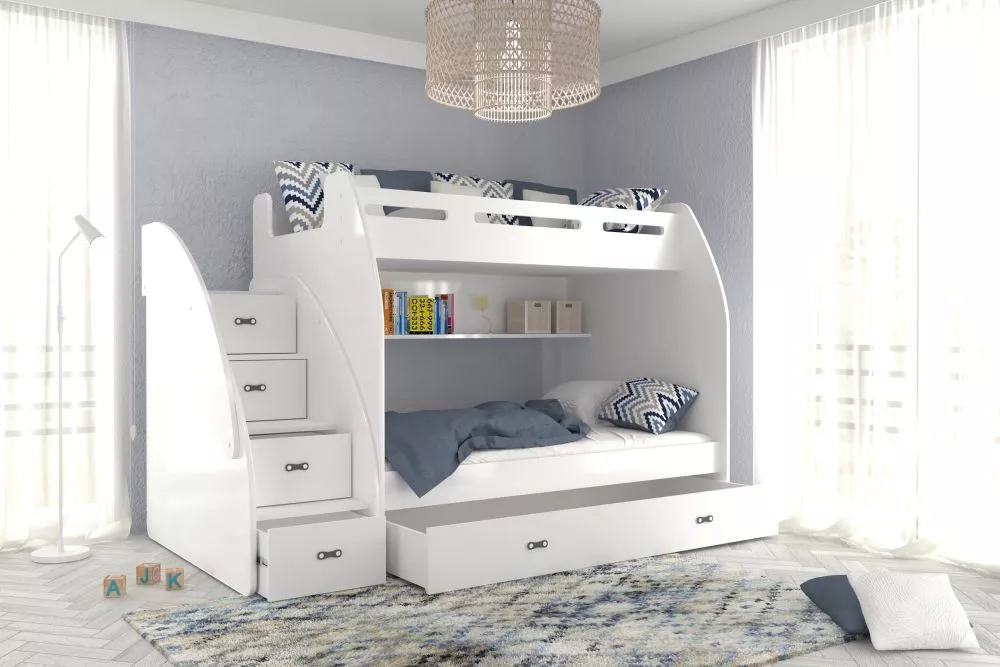 Bērnu gulta Zuzia ar stelāžām Guļamvietas platums: 120 cm, Guļamvietas garums: 200 cm, · 130 × 257 × 160 cm