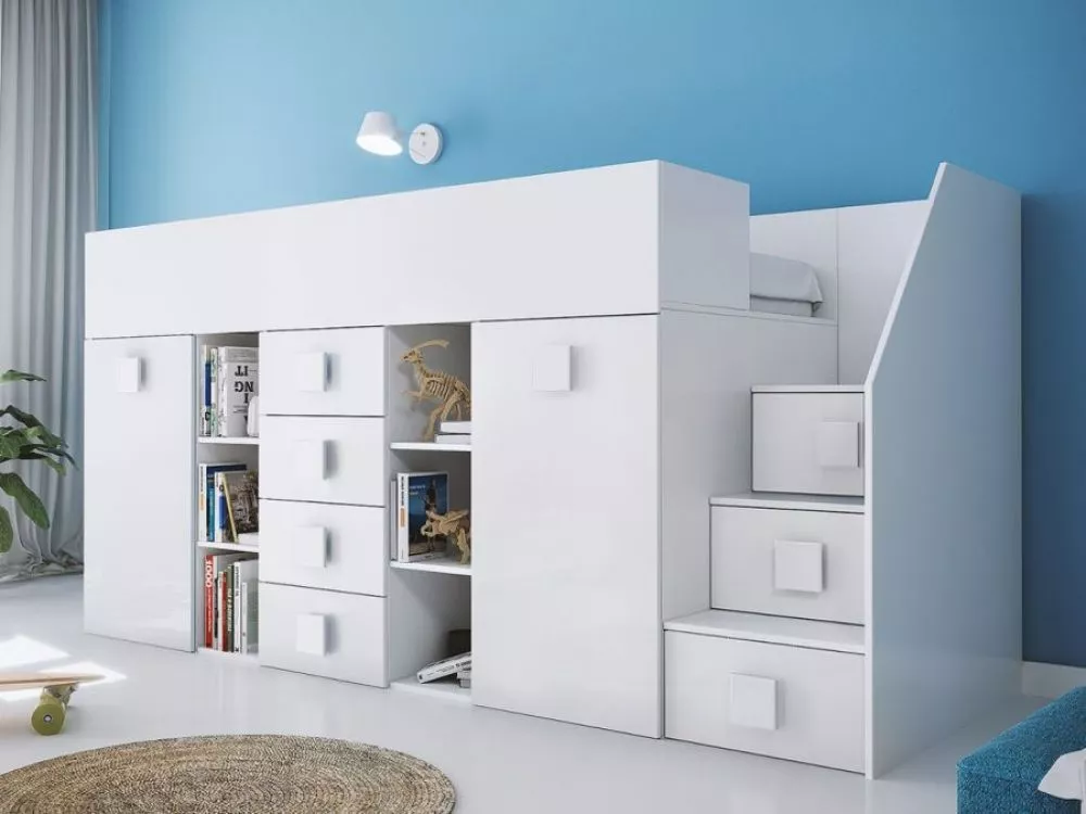 Bērnu gulta Toledo 3 Lux ar stelāžu Kāpņu puse: Pa labi, Guļamvietas platums: 90 cm, Guļamvietas garums: 200 cm, · 93 × 