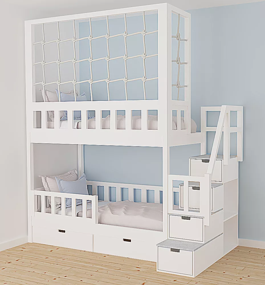 Bērnu gulta 121P ar stelāžām Kāpņu puse: Pa labi, Guļamvietas platums: 90 cm, Guļamvietas garums: 200 cm, · 118 × 252 × 