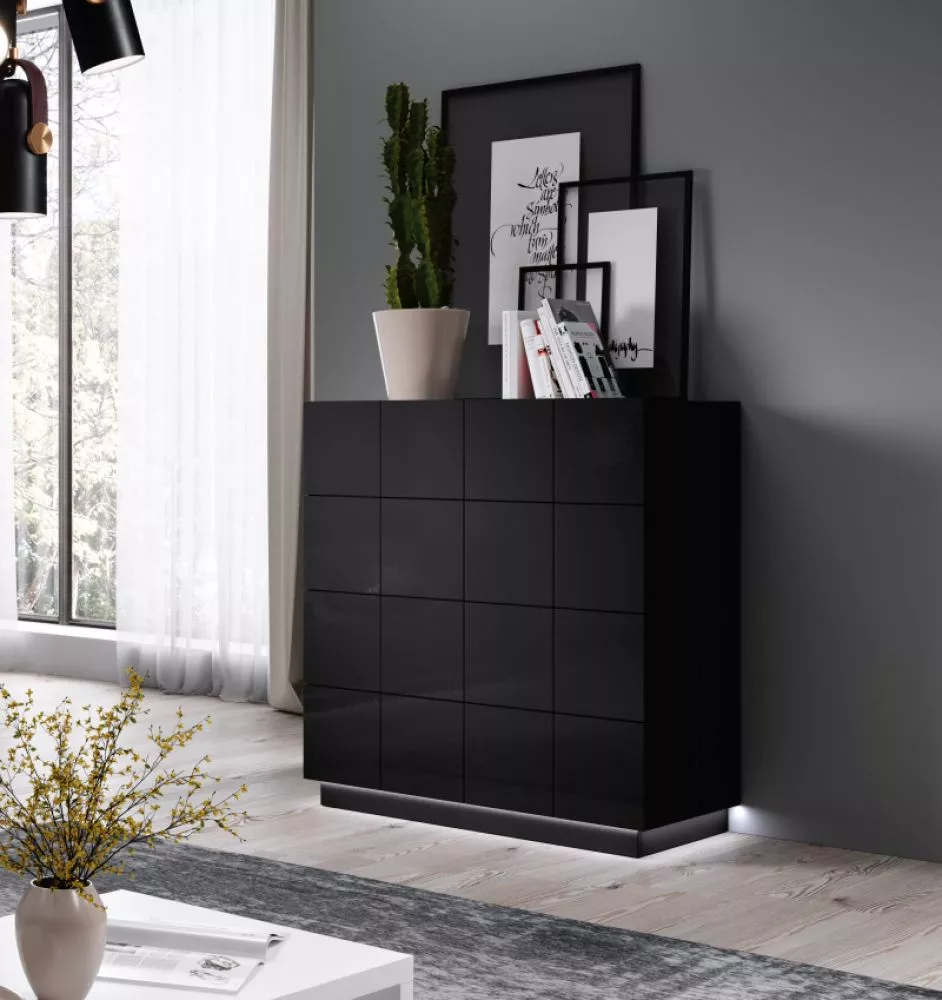 Kumode Reja 4SZ ar LED · Melns · 91 × 45 × 104 cm