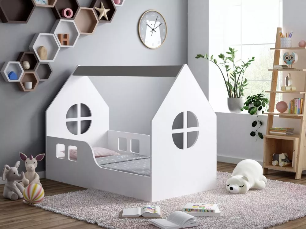 Bērnu gulta House 7 ar stelāžu Guļamvietas platums: 70 cm, Guļamvietas garums: 140 cm, · 70 × 144 × 106 cm