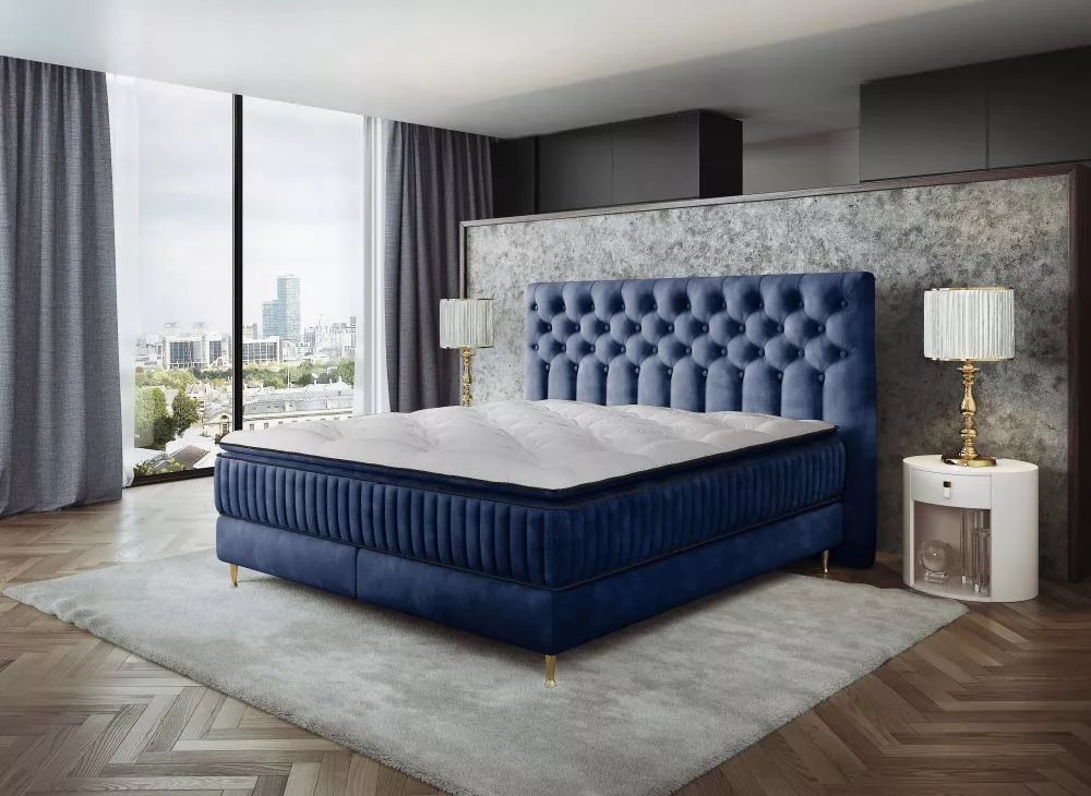 Gulta Astoria Boxspring Standard Guļamvietas platums: 180 cm, Guļamvietas garums: 200 cm, · Zils · 190 × 215 × 130 cm