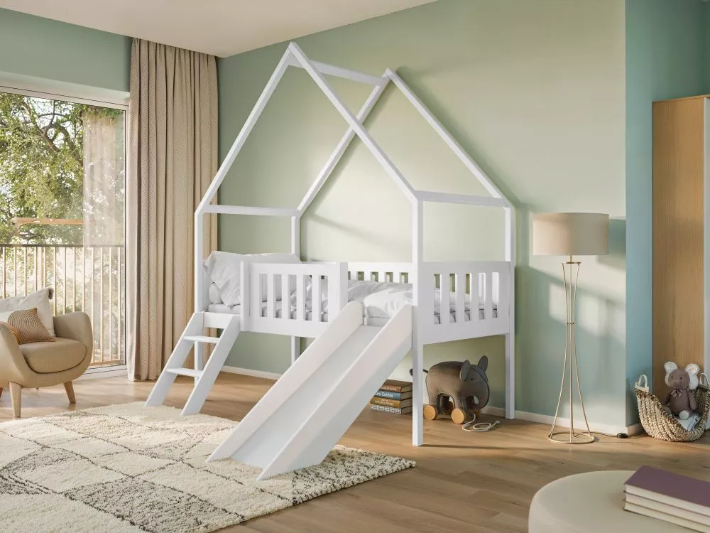 Bērnu gulta Angel 80x180 ar stelāžu Guļamvietas platums: 80 cm, Guļamvietas garums: 180 cm, · Balts · 87 × 188 × 220 cm