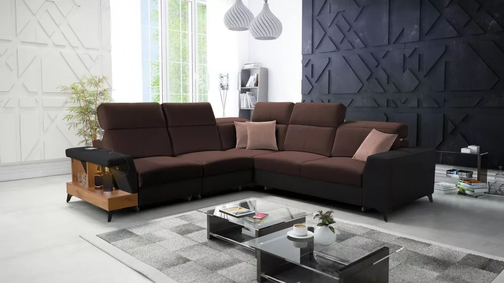 Dīvāns Belutti 3 Lancelot Standard ar LED · Tumši brūns + melns · 288 × 288 × 84 cm