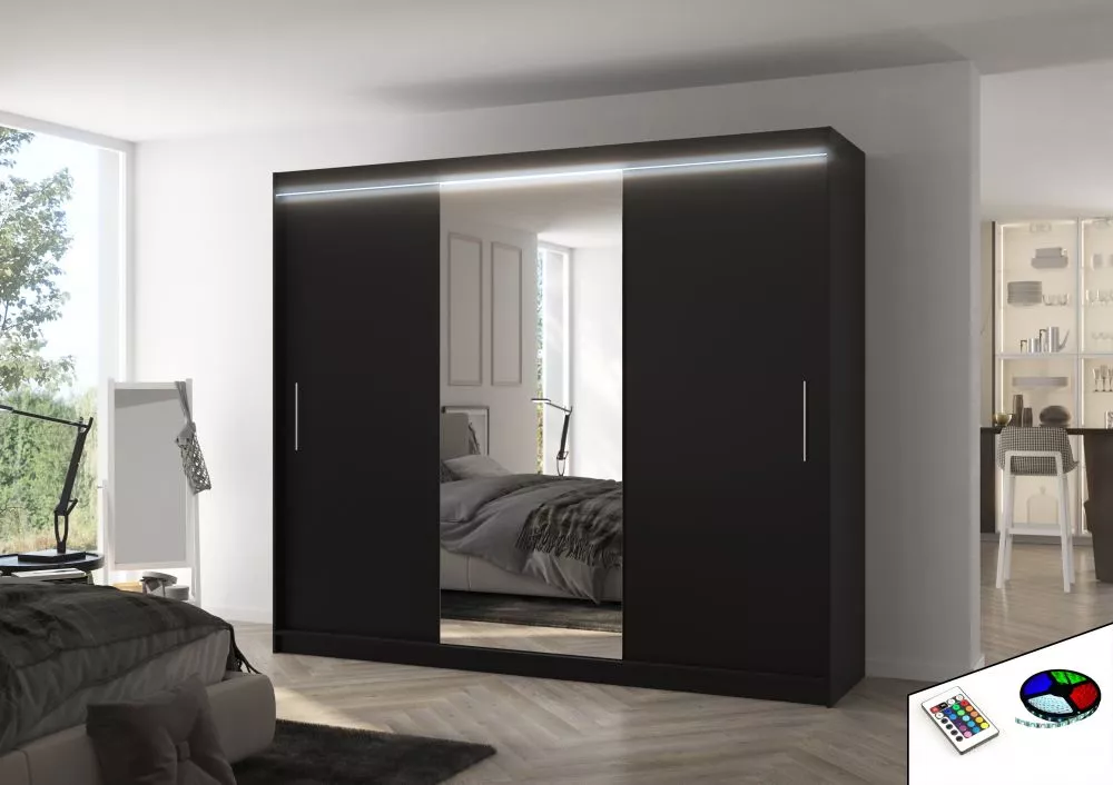 Skapis Denis Classic ar LED · Melns · 250 × 58 × 215 cm