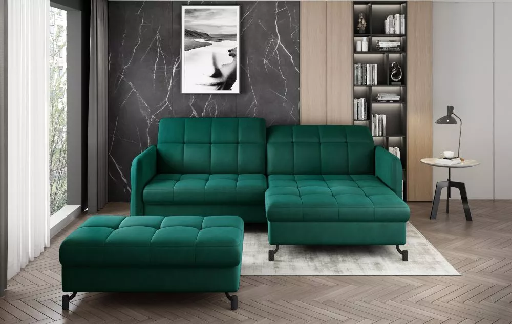 Dīvāns Lorelle Premium standard ar pufu · Zaļš · 160 × 225 × 105 cm