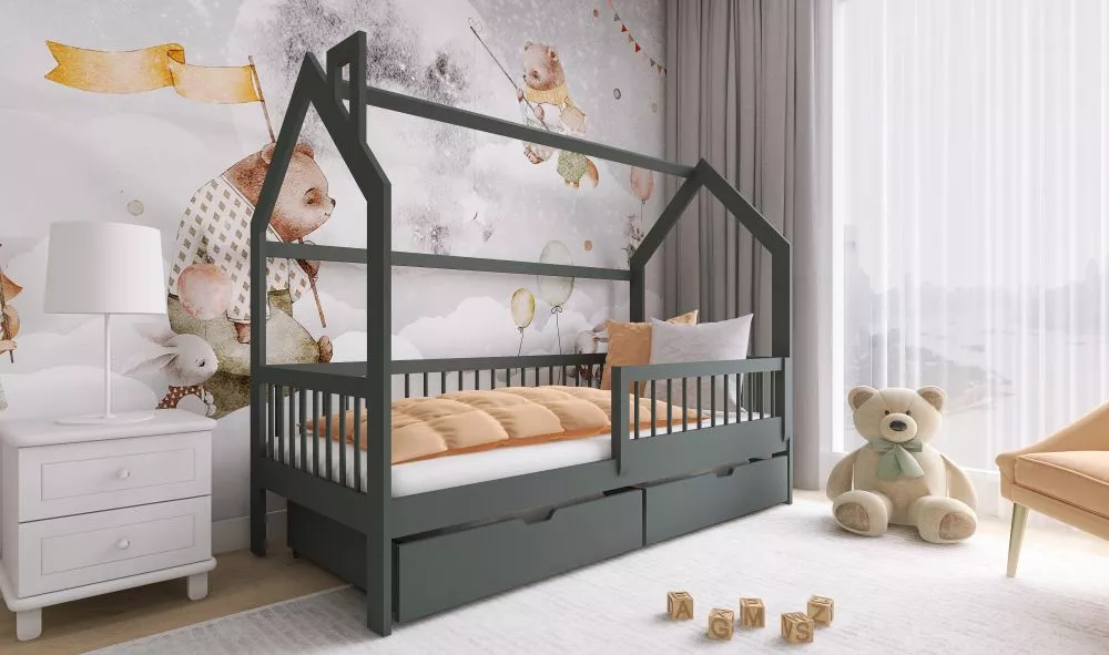 Bērnu gulta Oskar ar stelāžu Guļamvietas platums: 90 cm, Guļamvietas garums: 200 cm, · Grafīts · 96 × 204 × 148 cm
