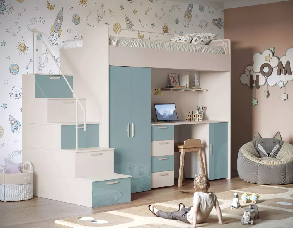 Bērnu gulta Raj 4 Gloss ar stelāžu Guļamvietas platums: 80 cm, Guļamvietas garums: 200 cm, · 120 × 254 × 180 cm