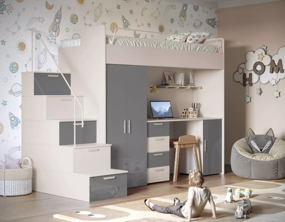 Bērnu gulta Raj 4 Gloss ar stelāžu Guļamvietas platums: 80 cm, Guļamvietas garums: 200 cm, · 120 × 254 × 180 cm