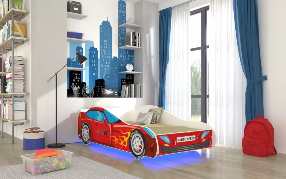 Bērnu gulta Car 2 4×4 ar LED un stelāžu · Daudzkrāsains · 74 × 153 × 48 cm