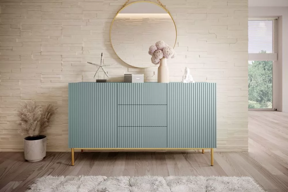 Kumode Nicole K150 2D3SZ Gold · Gaiši zils · 150 × 45 × 85 cm